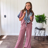 Soft and lightweight ribbed textured short sleeve top in burgundy and white stripes with matching wide leg pants with contrasting waffle texture round neck and elastic waist.