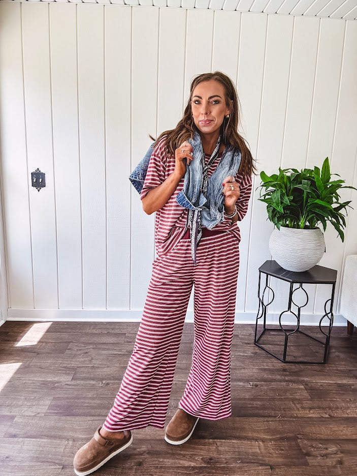 Soft and lightweight ribbed textured short sleeve top in burgundy and white stripes with matching wide leg pants with contrasting waffle texture round neck and elastic waist.