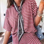 Soft and lightweight ribbed textured short sleeve top in burgundy and white stripes with matching wide leg pants with contrasting waffle texture round neck and elastic waist.
