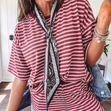 Soft and lightweight ribbed textured short sleeve top in burgundy and white stripes with matching wide leg pants with contrasting waffle texture round neck and elastic waist.
