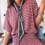 Soft and lightweight ribbed textured short sleeve top in burgundy and white stripes with matching wide leg pants with contrasting waffle texture round neck and elastic waist.