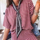 Soft and lightweight ribbed textured short sleeve top in burgundy and white stripes with matching wide leg pants with contrasting waffle texture round neck and elastic waist.