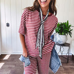 Soft and lightweight ribbed textured short sleeve top in burgundy and white stripes with matching wide leg pants with contrasting waffle texture round neck and elastic waist.