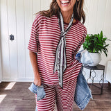 Soft and lightweight ribbed textured short sleeve top in burgundy and white stripes with matching wide leg pants with contrasting waffle texture round neck and elastic waist.