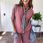 Soft and lightweight ribbed textured short sleeve top in burgundy and white stripes with matching wide leg pants with contrasting waffle texture round neck and elastic waist.