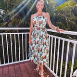 Dusty Blue Goddess Botanical Pleated Strapless Midi Dress