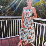 Dusty Blue Goddess Botanical Pleated Strapless Midi Dress