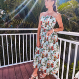Dusty Blue Goddess Botanical Pleated Strapless Midi Dress