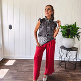 Linen and cotton blend flowy wide leg pants with elastic waist, pockets and frayed hem and pockets.