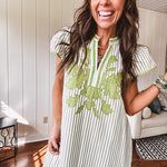 Sage and white striped midi length dress with short sleeves, mock collar, V neck and sage floral embroidery at the yoke and sage trim with side slits.