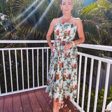 Dusty Blue Goddess Botanical Pleated Strapless Midi Dress