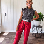 Linen and cotton blend flowy wide leg pants with elastic waist, pockets and frayed hem and pockets.