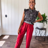 Linen and cotton blend flowy wide leg pants with elastic waist, pockets and frayed hem and pockets.