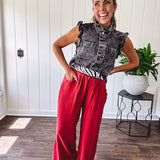 Linen and cotton blend flowy wide leg pants with elastic waist, pockets and frayed hem and pockets.