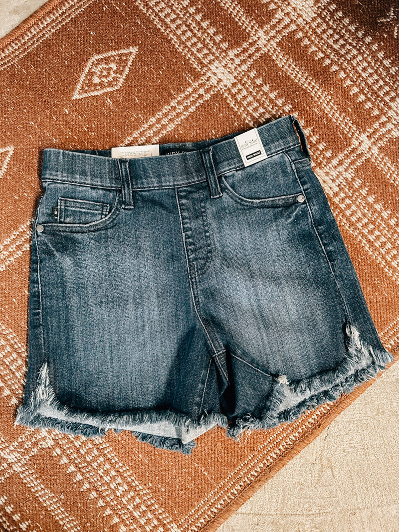 Dark Wash Pull On Fray Hem Shorts