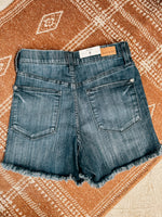 Dark Wash Pull On Fray Hem Shorts