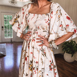 Cream Multi Floral Smock Dress
