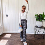 Textured washed black checkered elastic waist fray hem pants with pockets.