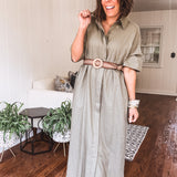 Olive Grey Linen Hidden Button Shirt Dress