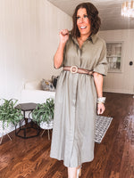 Olive Grey Linen Hidden Button Shirt Dress