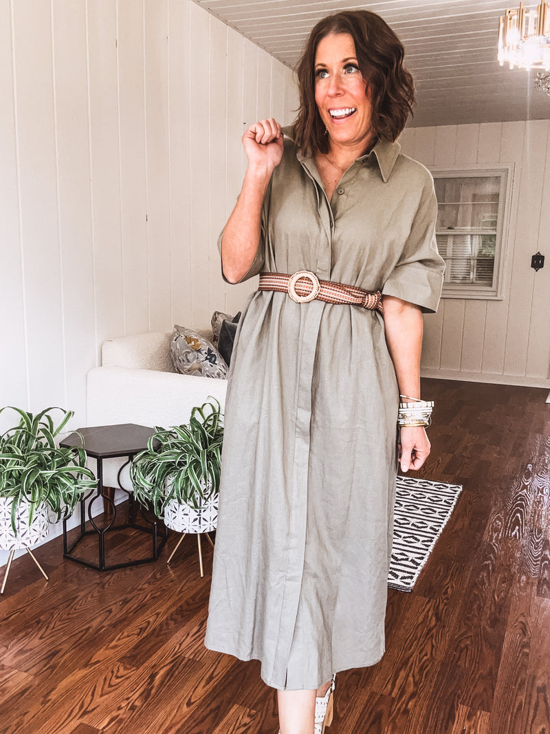 Olive Grey Linen Hidden Button Shirt Dress
