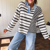 Black and ivory striped asymmetrical hem long sleeved pullover with denim collar and 3 button front.