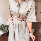 Olive Grey Linen Hidden Button Shirt Dress