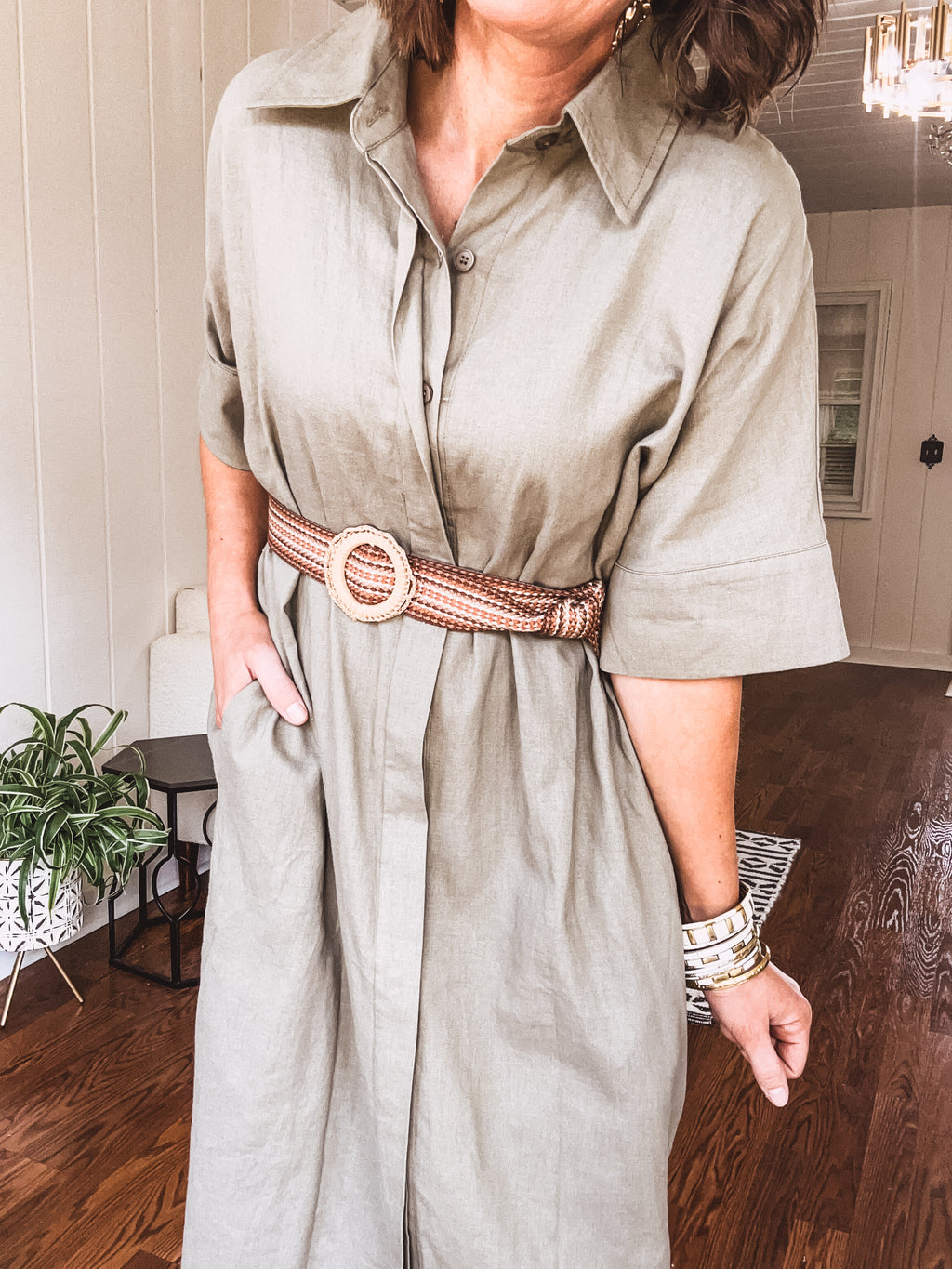 Olive Grey Linen Hidden Button Shirt Dress