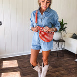 Quilted belt bag featuring zippered pockets and a gingham pattern available in several colors.