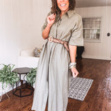 Olive Grey Linen Hidden Button Shirt Dress