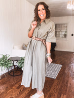 Olive Grey Linen Hidden Button Shirt Dress