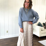 Pleated Navy Trim Midi Skirt