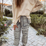 Denim Multi Cargo Pocket Jogger with Drawstring Waist