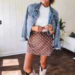 Washed light brown wrap skort with cream polka dots throughout elastic back with back pockets and side pockets.