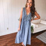Denim Pleated Tie Front Jumpsuit
