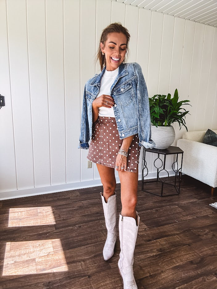 Washed light brown wrap skort with cream polka dots throughout elastic back with back pockets and side 