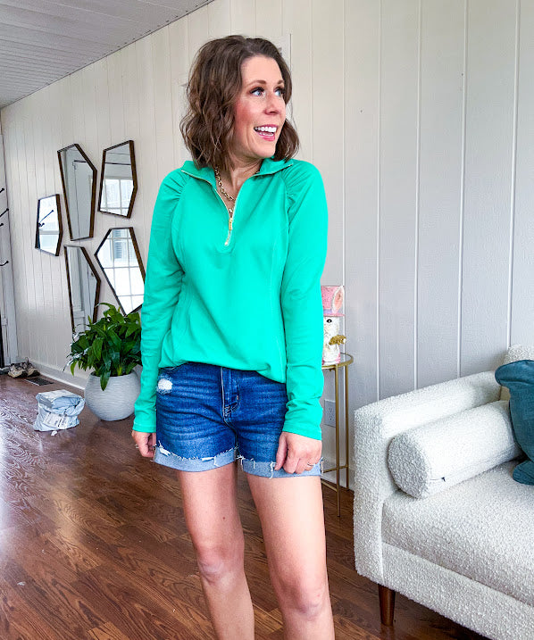 Long sleeved athleisurewear pullover with 1/4 zip.