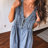 Denim Pleated Tie Front Jumpsuit