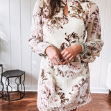 Mini dress in ivory with vintage floral design, fully lined, sheet long sleeves, lace detail at the eyelet neckline and collar and hem. Zip up back.