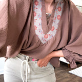 Latte Brown Floral Yoke Trim Blouse