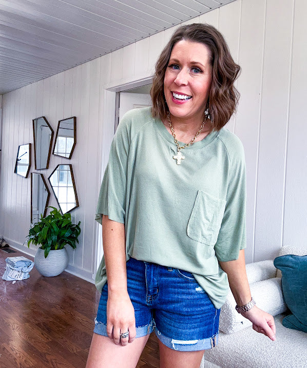 Soft, relaxed fit tee with front pocket.