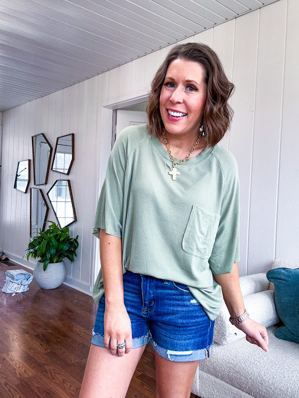 Soft, relaxed fit tee with front pocket.