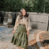 Olive Faux Leather Tiered Midi Skirt