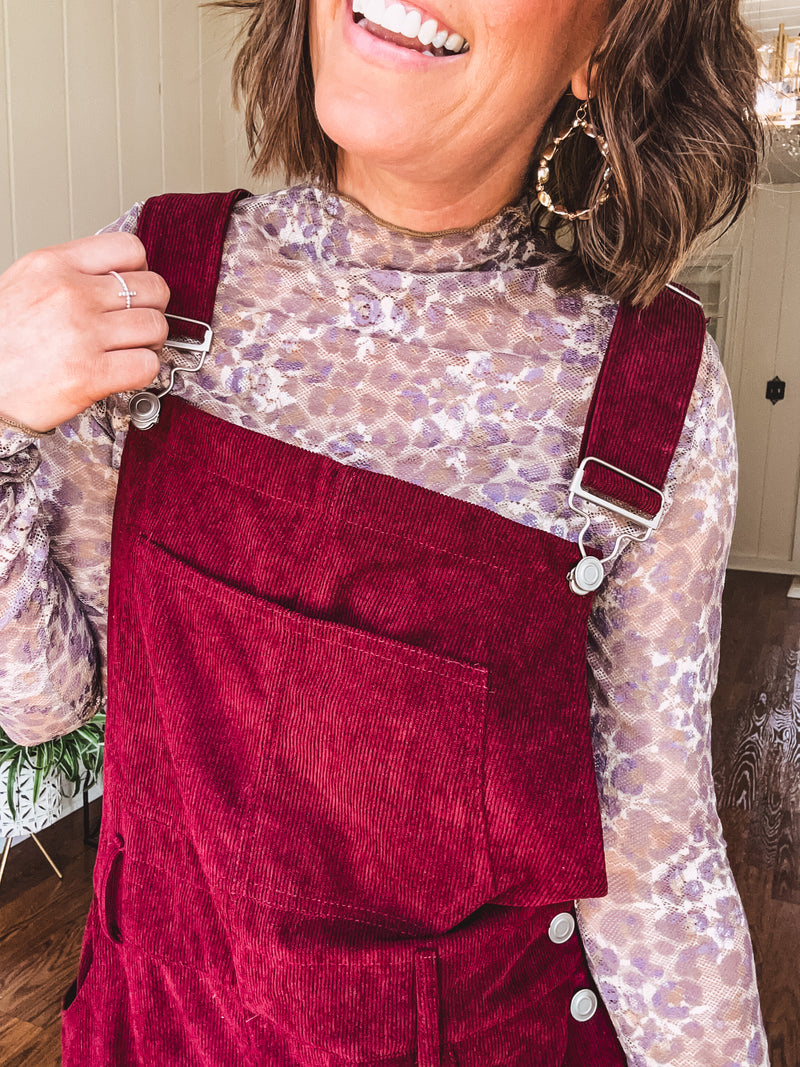Wine Corduroy Overall Shorts
