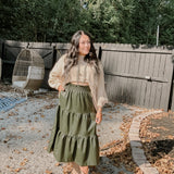Olive Faux Leather Tiered Midi Skirt