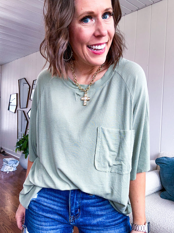 Soft, relaxed fit tee with front pocket.