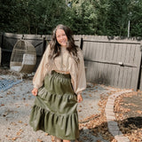 Olive Faux Leather Tiered Midi Skirt