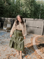 Olive Faux Leather Tiered Midi Skirt