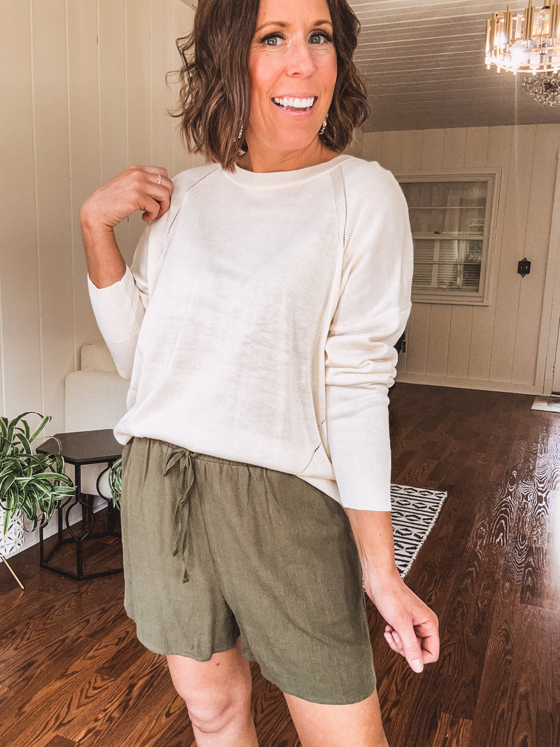 Olive Linen Look Shorts with Drawstring