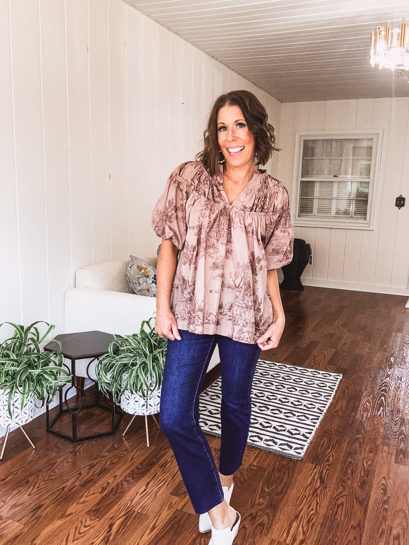 Brown Toile Print Flutter Detail Blouse